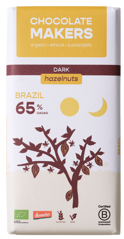 Chocolatemakers Brazil hazelnoot 65% puur demeter bio 80.00 Gram