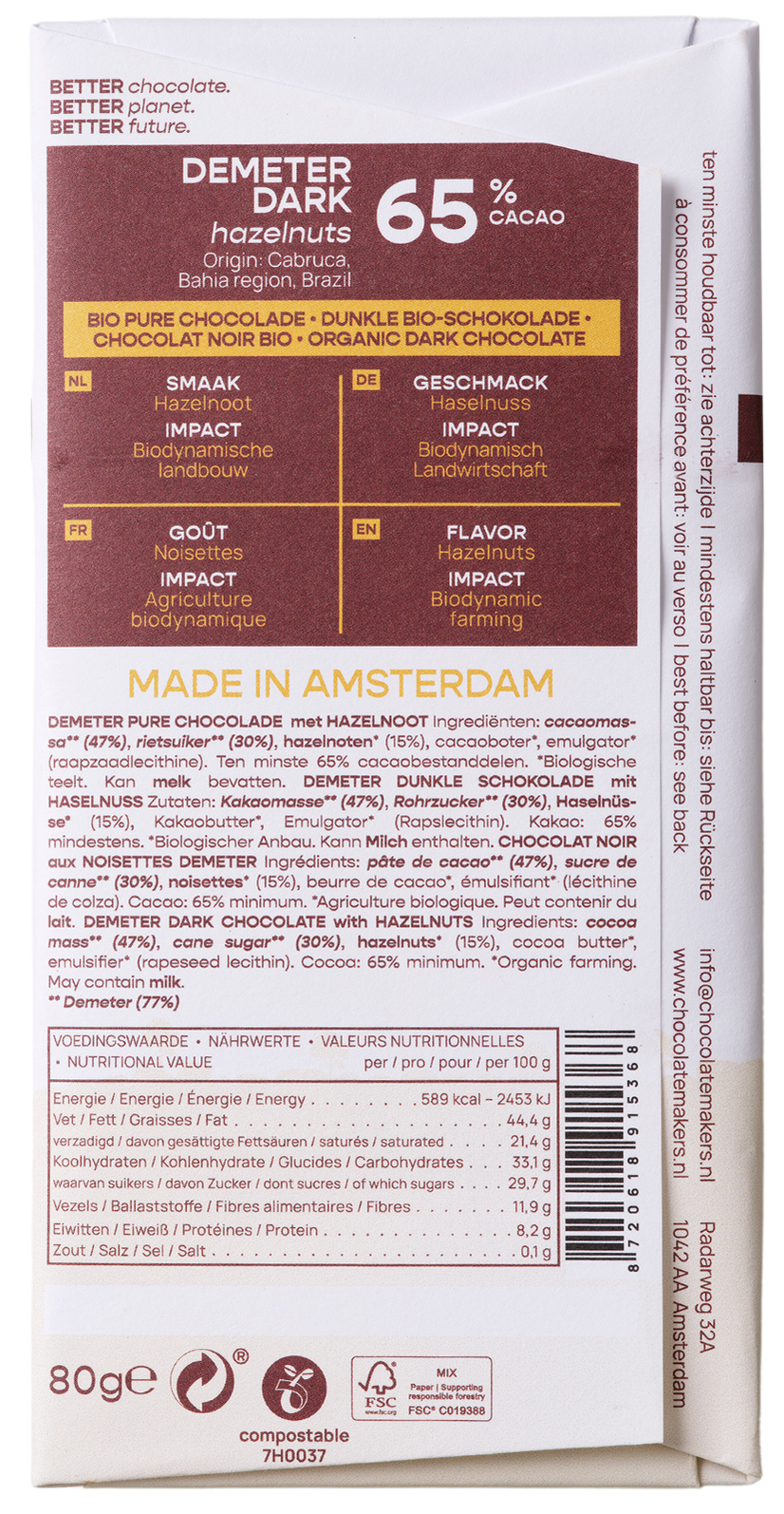 Chocolatemakers Brazil hazelnoot 65% puur demeter bio 80.00 Gram