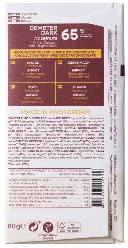 Chocolatemakers Brazil hazelnoot 65% puur demeter bio 80.00 Gram