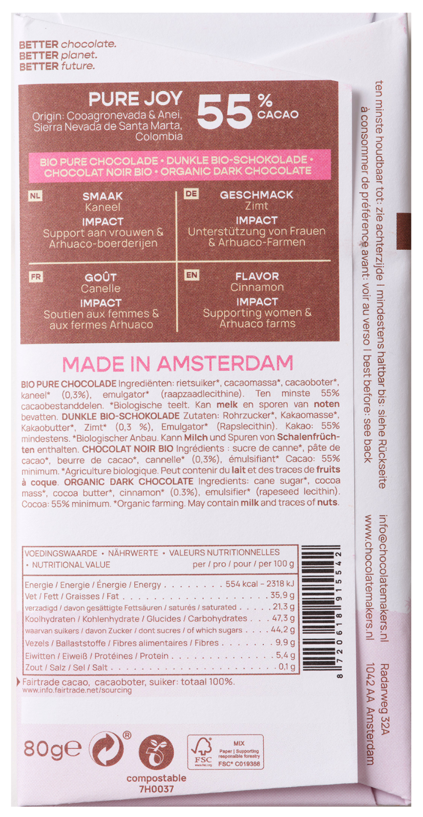 Chocolatemakers Pure joy 55% puur met kaneel bio 80.00 Gram