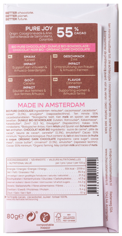 Chocolatemakers Pure joy 55% puur met kaneel bio 80.00 Gram