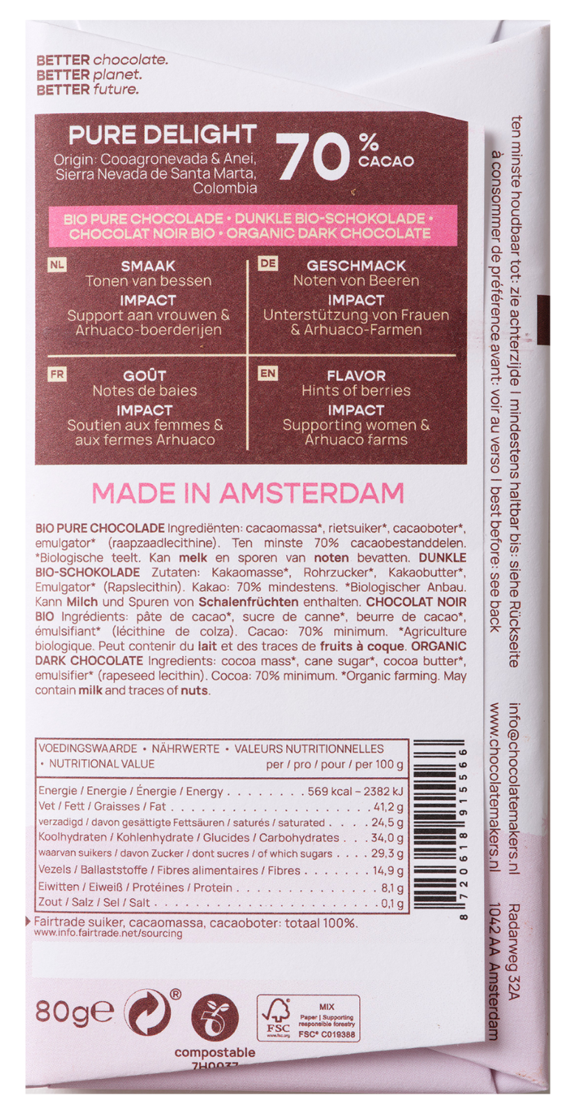 Chocolatemakers Pure delight 70% puur bio 80.00 Gram