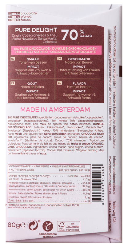 Chocolatemakers Pure delight 70% puur bio 80.00 Gram