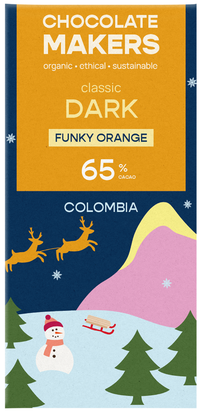 Chocolatemakers Kerstreep Colombia puur 65% orange bio 80.00 Gram