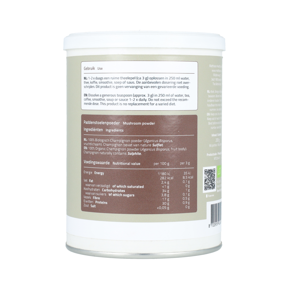 Mattisson Agaricus poeder bio 200.00 Gram
