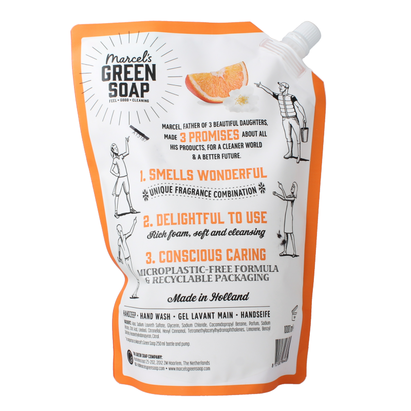 Marcel's Green Soap Handzeep sinaasappel & jasmijn navulling 1000 Milliliter
