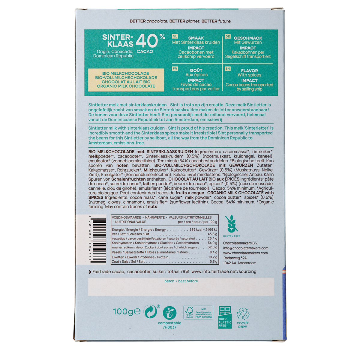 Chocolatemakers Sintletter 40% melk met sinterklaaskruiden bio 100.00 Gram