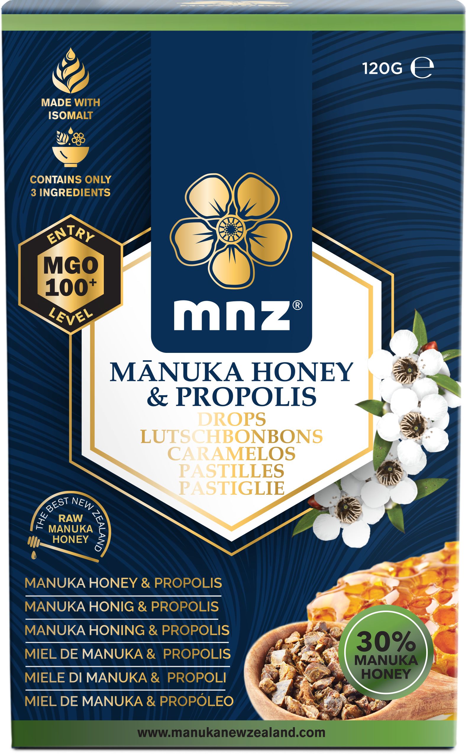 MNZ (Manuka New Zealand) Manuka Honing MGO 100+ pastilles propolis 120.00 Gram
